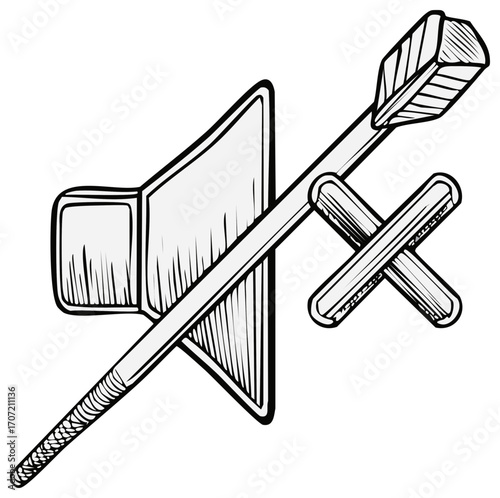 Hand drawn mute speaker icon pierced by an arrow with X symbol for silence