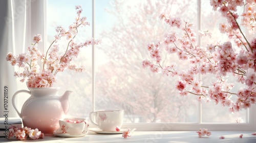Pink cherry blossoms bouquet window sunlight