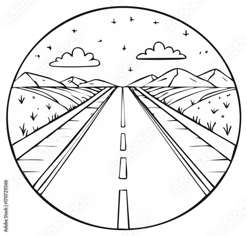 Endless highway stretches through hills under a cloudy sky in a circular frame, hand-drawn style, coloring page, illustration