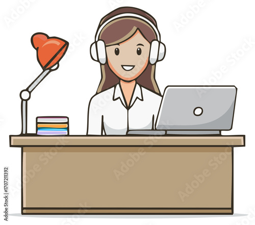 Smiling woman at desk with laptop, lamp, and headset working or studying