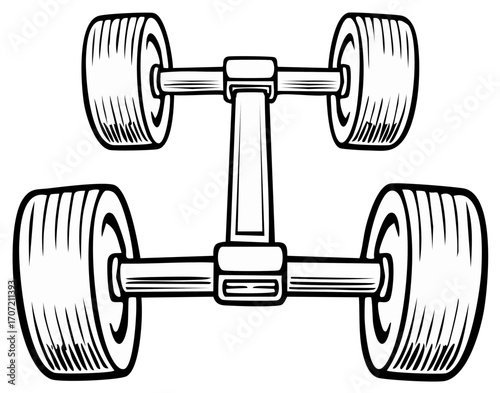 Vehicle undercarriage with four wheels and axles, black and white vector line art illustration