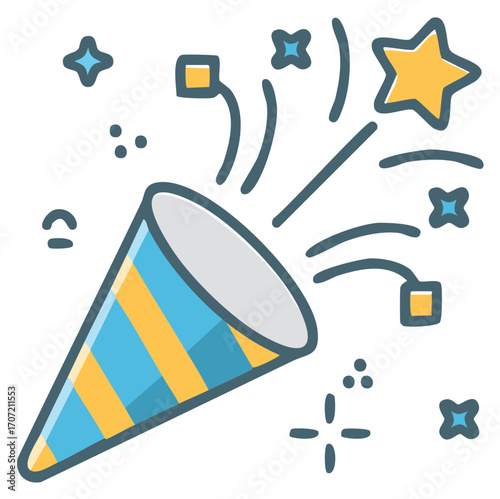 Striped party popper bursting with colorful confetti and stars celebrating a festive event or success