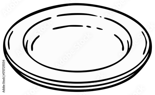 Clean black ink outline drawing of an isolated circular ceramic dinner plate dishware for dining