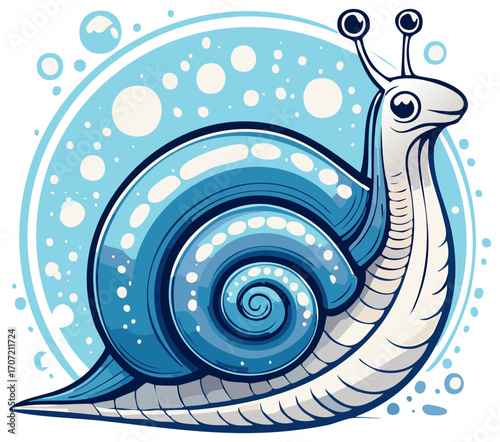 Stylized blue snail with bubble background featuring a glossy shell and cartoon character elements.
