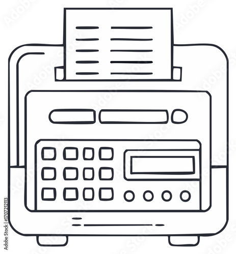 Hand drawn fax machine illustration with document retro office technology sketch
