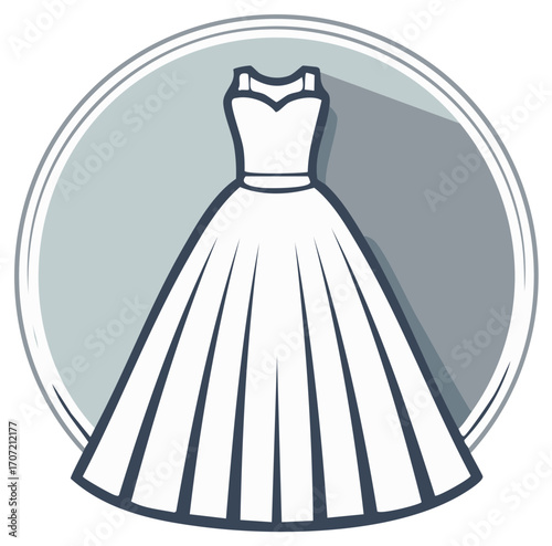 Elegant wedding dress illustration in a circle, shadow effect and stylish design.