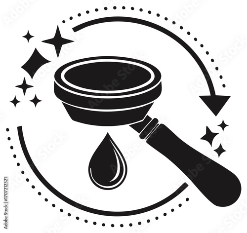 Coffee machine portafilter with a drop of coffee and sparkling stars design