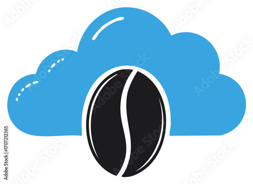 Stylized Coffee Bean Floating in a Blue Cloud Illustration for Graphic Design