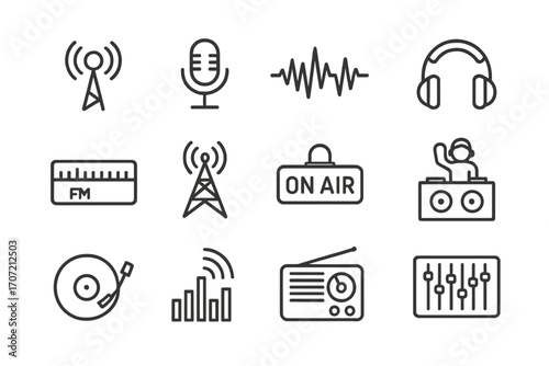 Record dj streaming booth radio soundboard vector icon spinning set bars