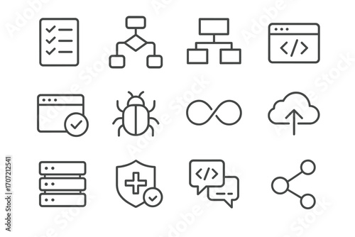 List icon development requirements rack pipeline checkmark icons software bug vector report