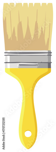 Bright yellow paint brush with light brown bristles and a metal ferrule