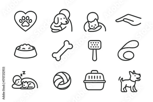 Bowl care carrier icon pet hug leash grooming vector cat heart icons