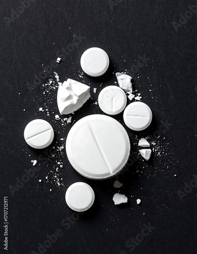 Scattered white pills on dark background