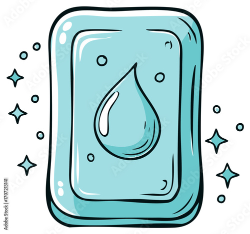 Illustration of a blue bar of soap with a water drop and sparkling bubbles, symbolizing cleanliness and hygiene