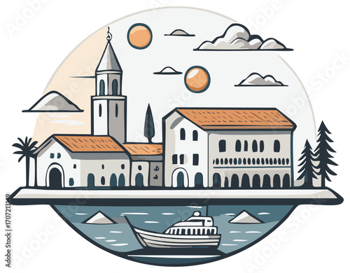 Coastal town landscape with church tower boat and warm sun illustration
