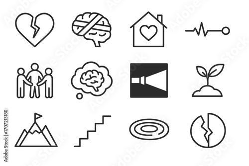 Icon hope mountain heart resilience recovery icons healing brain trauma steps sprout