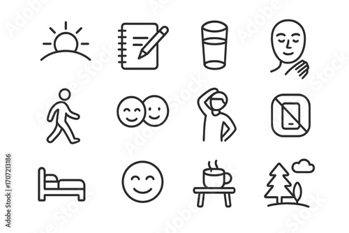 Smile break health daily wake journaling short phone routine vector icon mental