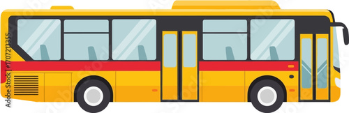 Bright yellow public transport bus with red stripe and tinted windows