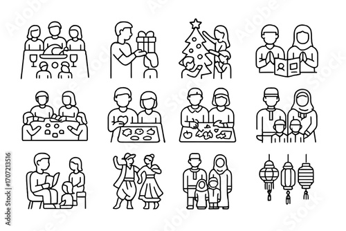 Decorating tree cookies seasonal icon lanterns vector icons tradition festival cultural family