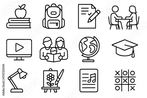 Reading icon backpack papers icons music art education vector lesson family games