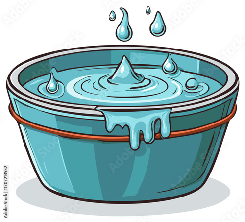 Cartoon illustration of an overflowing bucket with dripping water and splashes