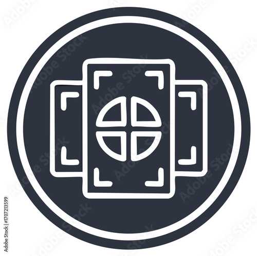 Circular icon featuring a layered outline of three vertical rectangles with a plus sign in a circle in the center rectangle