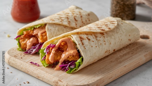 Sweet Crispy Chicken Wrap sliced open. Fresh Fast Food Sandwich with Sauce. Healthy Lunch Concept on a Light Background.