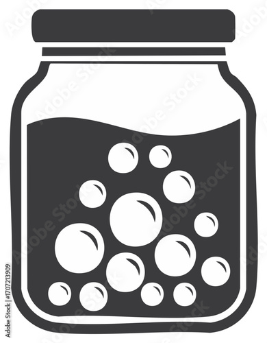 Airtight glass jar with a dark liquid and bright white bubbles rising upwards in a simple black and white graphic style