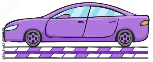 Vibrant purple cartoon sedan illustration driving on a striped road graphic