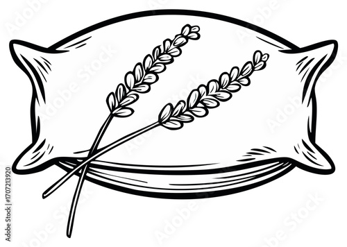 Aromatic lavender sprigs resting on a plump comfort pillow line art illustration