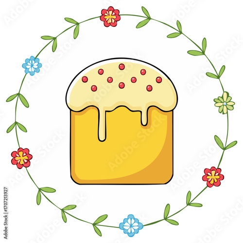 Sweet Easter Cake Decorated with Colorful Flowers and Greenery Wreath