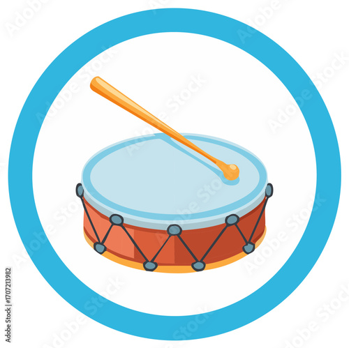 Stylized Drum and Drumstick Musical Instrument Vector Icon in a Blue Circle