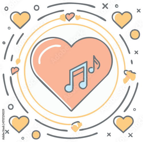 Pastel color illustration of a heart filled with musical notes, a symbol of love for music and melody.