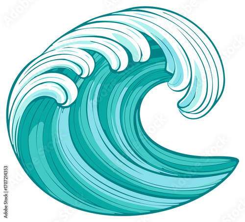 Stylized Ocean Wave Illustration with Curl and Foam Crests in Teal and White Palette