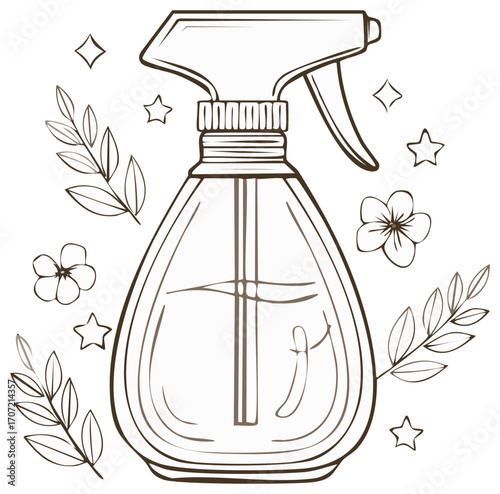 Spray Bottle Graphic Outline with Flowers and Stars for Coloring or Creative Designs Isolated