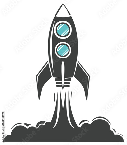 Stylized space rocket launching upward with smoke and propulsion illustration