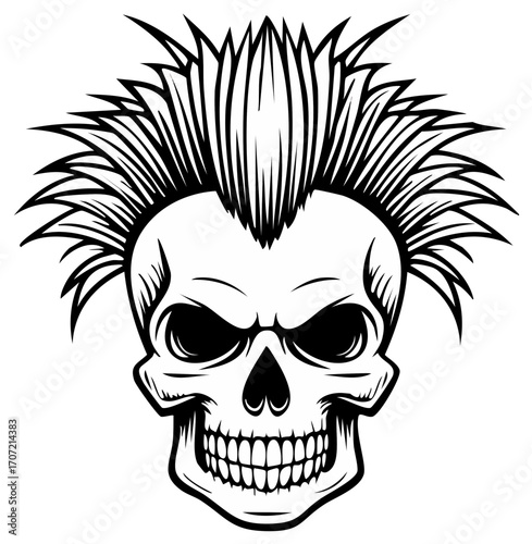 Menacing punk rock skull with a spiky mohawk haircut graphic line art drawing