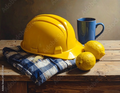 Wallpaper Mural Still life with safety helmet, shirt, lemons, and mug Torontodigital.ca