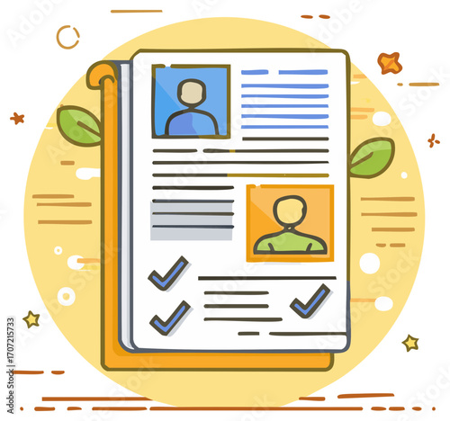 Illustrated resume document with user profiles and checkmarks representing job application and hiring process