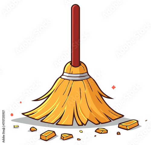 Magical broom sweeping valuable gold bars and scattered treasure pieces