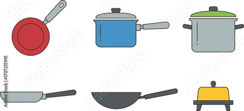 Assortment of colorful kitchen cookware and utensils on a white background
