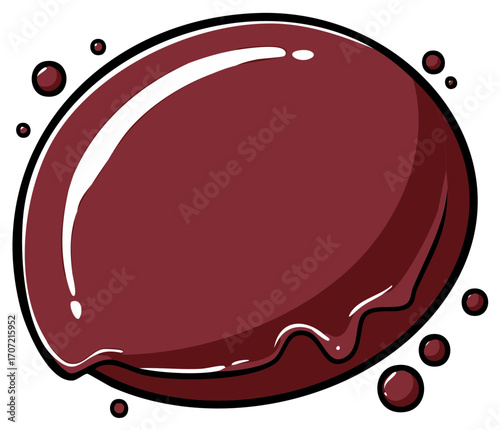 Abstract burgundy liquid drop with a glossy surface, oozing effect, and falling droplets illustration