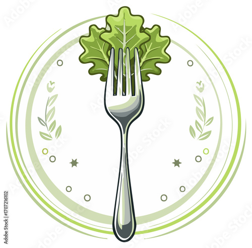 Fork holding fresh green lettuce salad with decorative plate for organic food concept in vibrant green color pallette