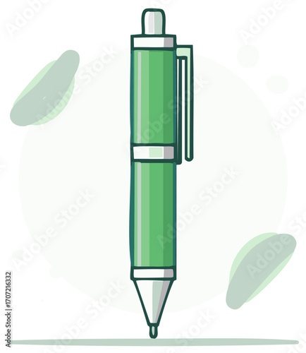 Green modern writing pen with clip illustrated in flat design style