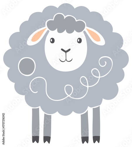 Cute fluffy grey sheep cartoon standing on four legs with a simple stylized face