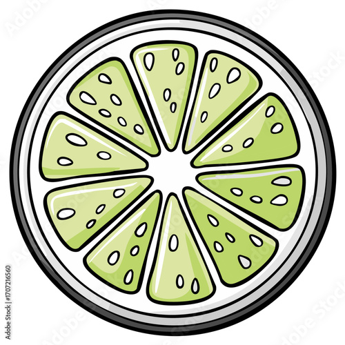 Cartoon illustration of a green lime citrus fruit slice with seeds