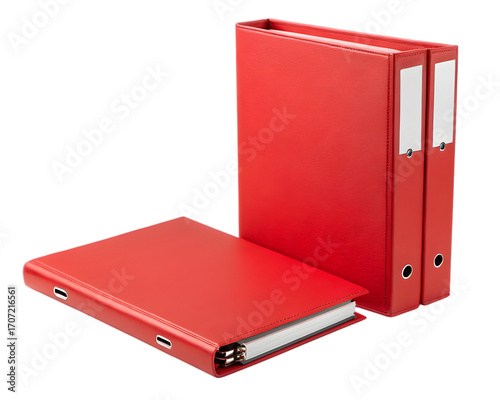 Organized office with red ring binders and file folders for document management storage