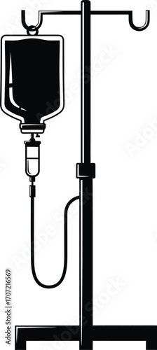 An illustration of an IV drip stand with a bag of liquid hanging from it, used in medical settings.