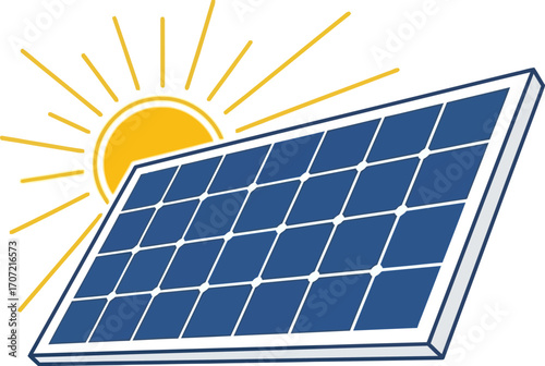 Bright sun shines on a modern solar panel, symbolizing clean energy and environmental sustainability.