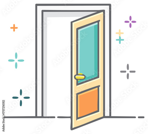Illustration of a partially opened door with colorful accent marks.
